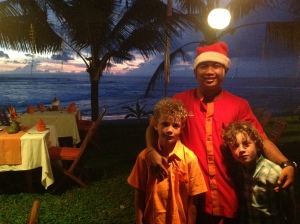Mazi and Finn with Santa Bayu on Christmas  Eve